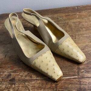 GUCCI VINTAGE SLINGBACK SHOES IN OSTRICH AND CANVAS CORDA AND‎ BUTTER COLOR